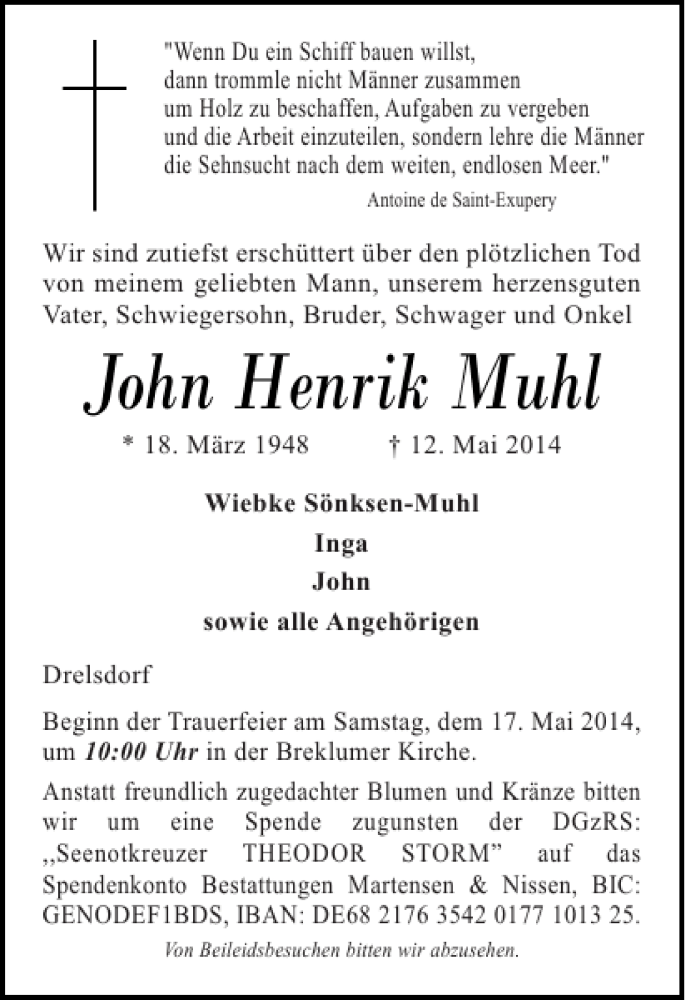  Traueranzeige für John Henrik Muhl vom 15.05.2014 aus Husumer Nachrichten