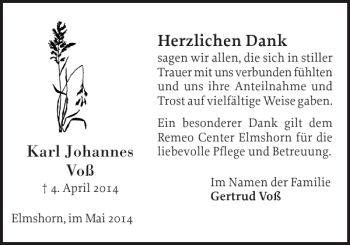 Traueranzeige von Karl Johannes Voß von Elmshorner Nachrichten