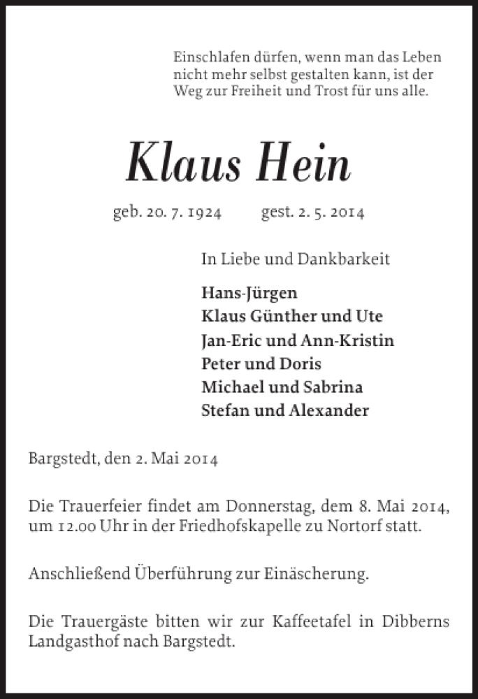  Traueranzeige für Klaus Hein vom 05.05.2014 aus Landeszeitung