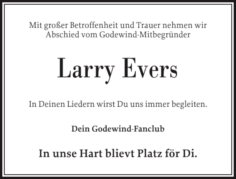  Traueranzeige für Larry Evers vom 31.05.2014 aus Husumer Nachrichten