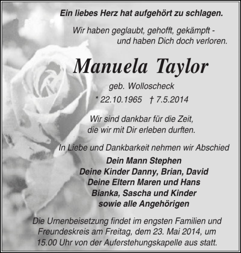  Traueranzeige für Manuela Taylor vom 17.05.2014 aus Holsteinischer Courier