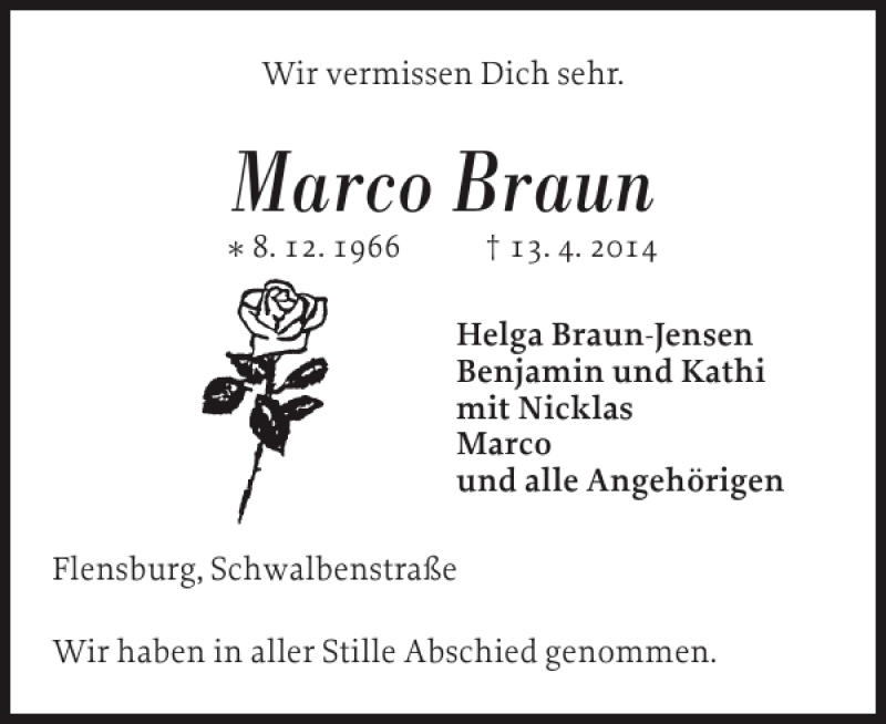  Traueranzeige für Marco Braun vom 05.05.2014 aus Flensburger Tageblatt
