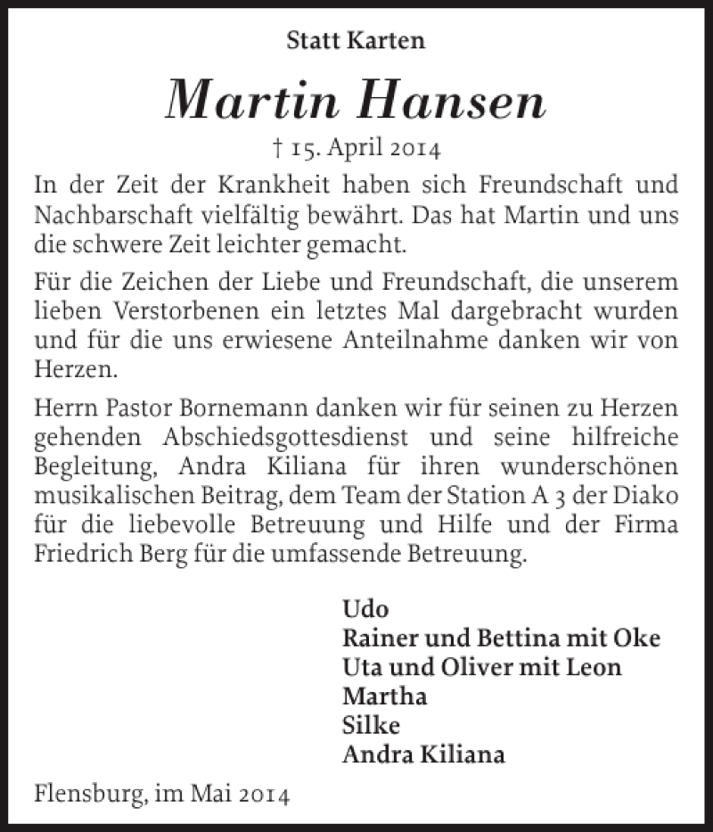  Traueranzeige für Martin Hansen vom 07.05.2014 aus Flensburger Tageblatt
