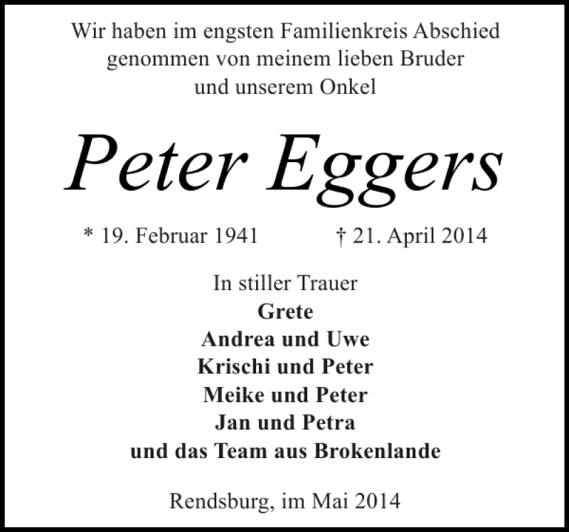  Traueranzeige für Peter Eggers vom 03.05.2014 aus Landeszeitung