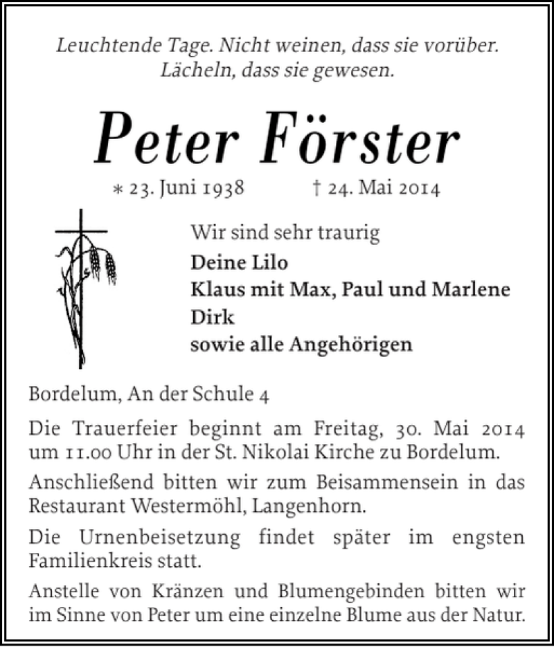  Traueranzeige für Peter Förster vom 27.05.2014 aus Husumer Nachrichten