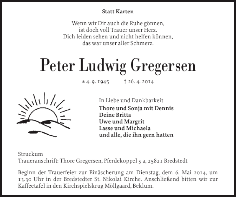 Traueranzeige für Peter Ludwig Gregersen vom 03.05.2014 aus Husumer Nachrichten