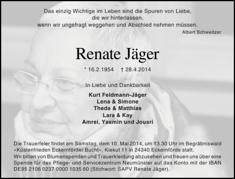  Traueranzeige für Renate Jäger vom 03.05.2014 aus Holsteinischer Courier