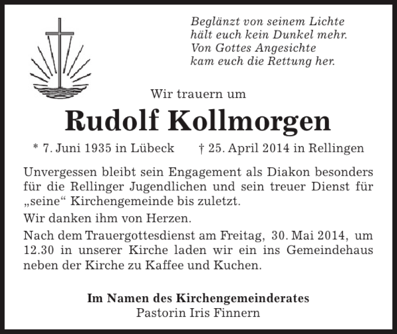  Traueranzeige für Rudolf Kollmorgen vom 17.05.2014 aus Pinneberger Tageblatt