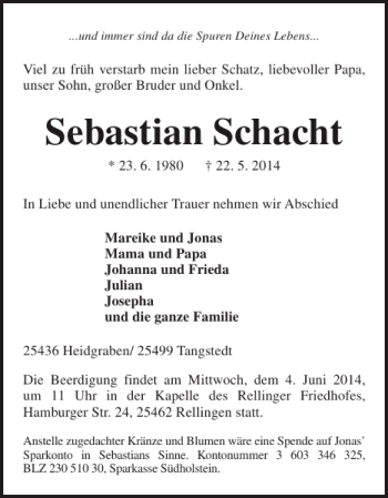 Traueranzeige von Sebastian Schacht von Pinneberger Tageblatt