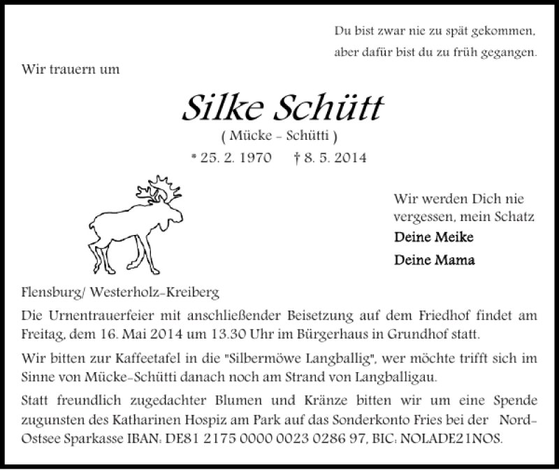  Traueranzeige für Silke Schütt vom 12.05.2014 aus Flensburger Tageblatt