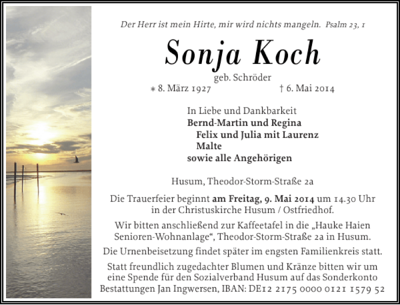  Traueranzeige für Sonja Koch vom 09.05.2014 aus Husumer Nachrichten