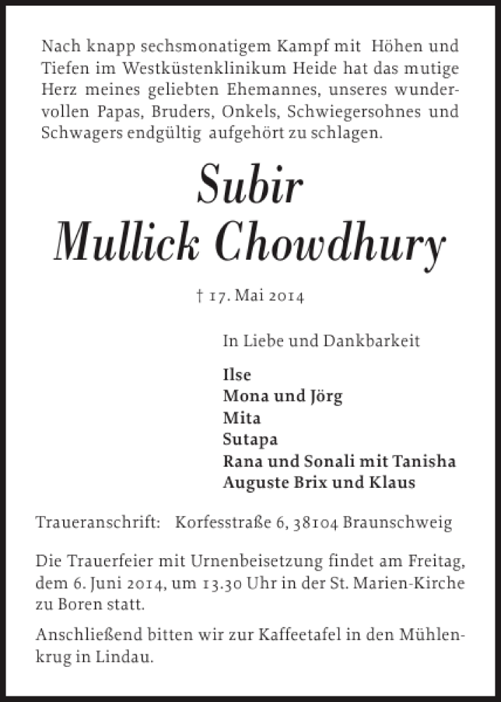  Traueranzeige für Subir Mullick Chowdhury vom 31.05.2014 aus Schleswiger Nachrichten