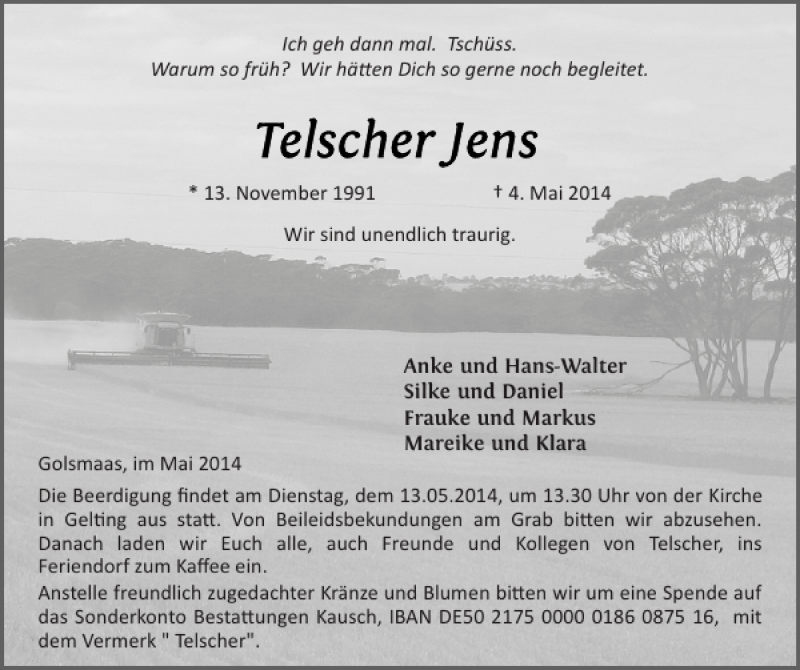  Traueranzeige für Telscher Jens vom 08.05.2014 aus Flensburger Tageblatt