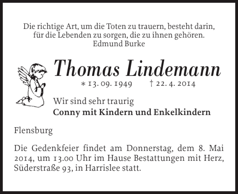  Traueranzeige für Thomas Lindemann vom 03.05.2014 aus Flensburger Tageblatt