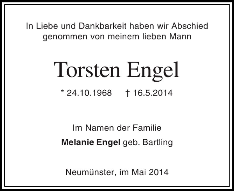  Traueranzeige für Torsten Engel vom 31.05.2014 aus Holsteinischer Courier
