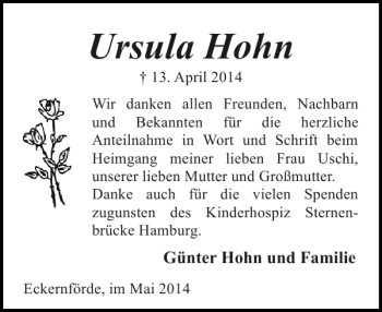 Traueranzeige von Ursula Hohn von Eckernförder Zeitung