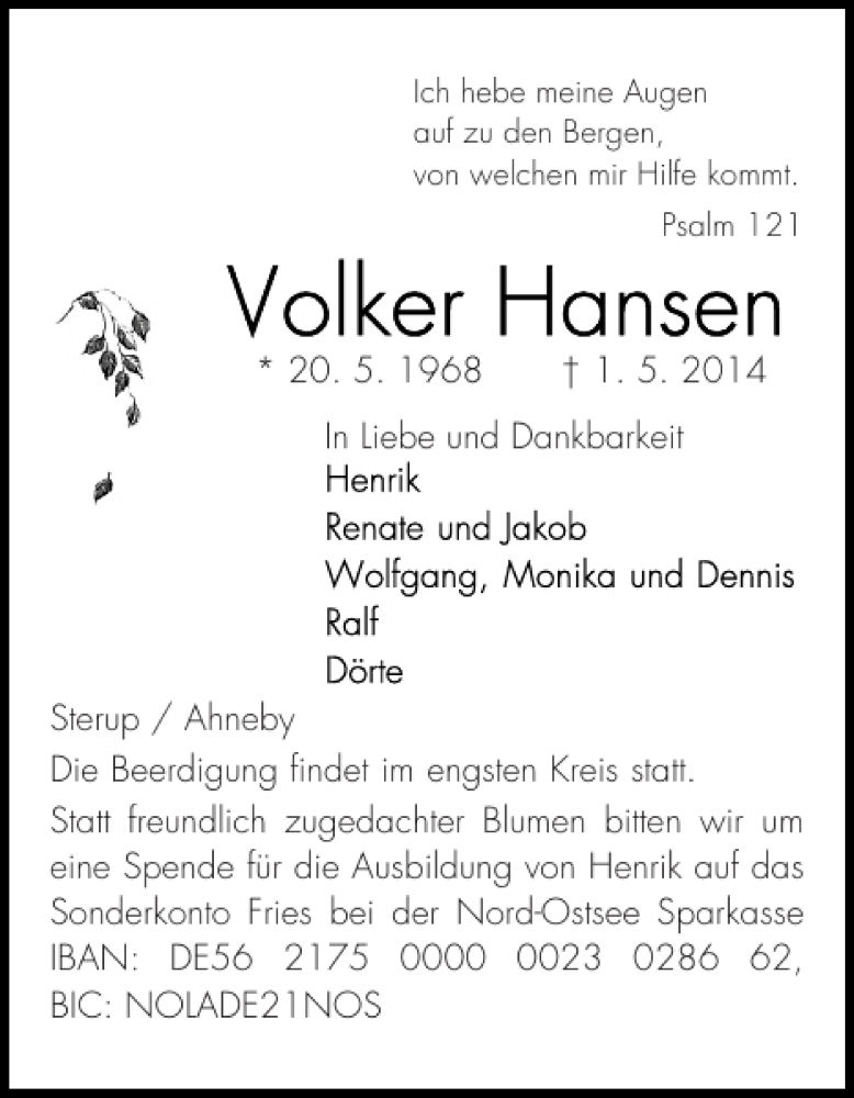  Traueranzeige für Volker Hansen vom 07.05.2014 aus Flensburger Tageblatt