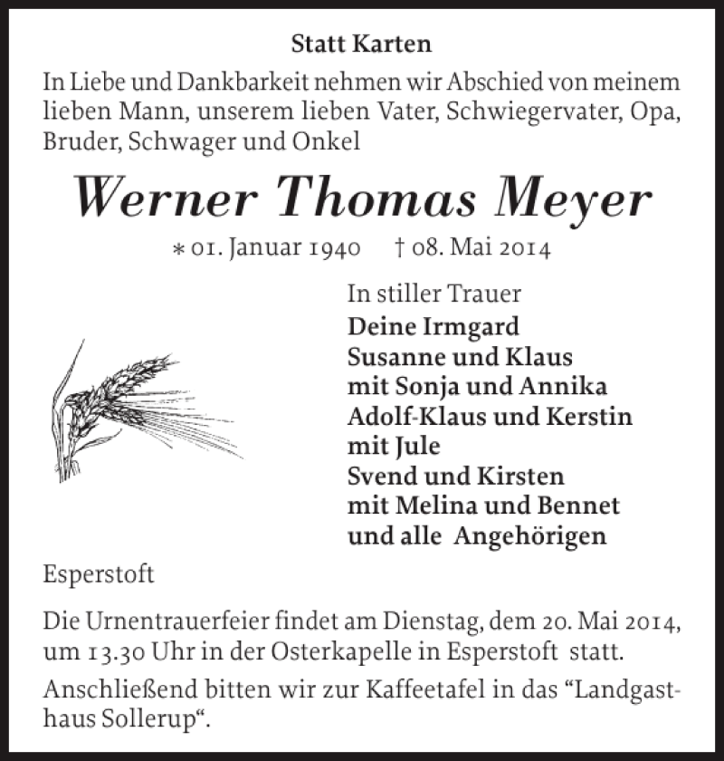  Traueranzeige für Werner Thomas Meyer vom 17.05.2014 aus Flensburger Tageblatt