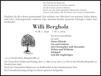 Traueranzeige von Willi Bergholz von Ostholsteiner Anzeiger