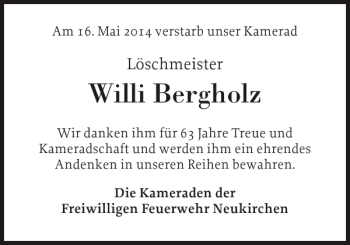 Traueranzeige von Willi Bergholz von Ostholsteiner Anzeiger
