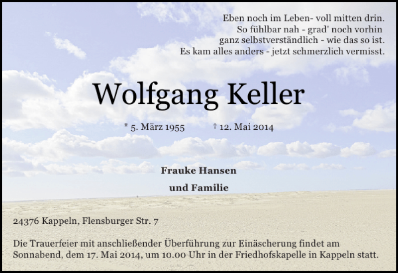  Traueranzeige für Wolfgang Keller vom 15.05.2014 aus Schlei-Bote
