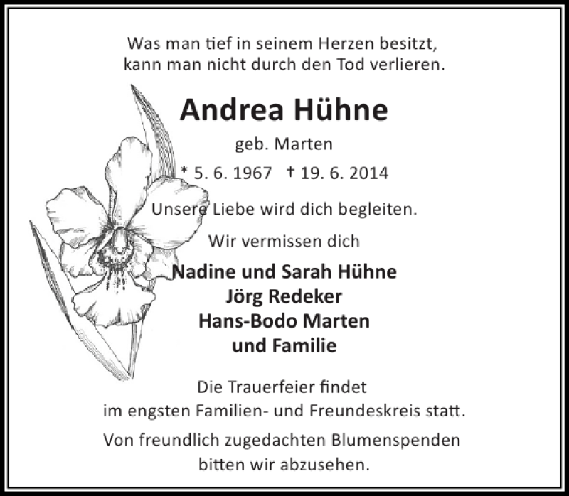  Traueranzeige für Andrea Hühne vom 25.06.2014 aus Stormarner Tageblatt