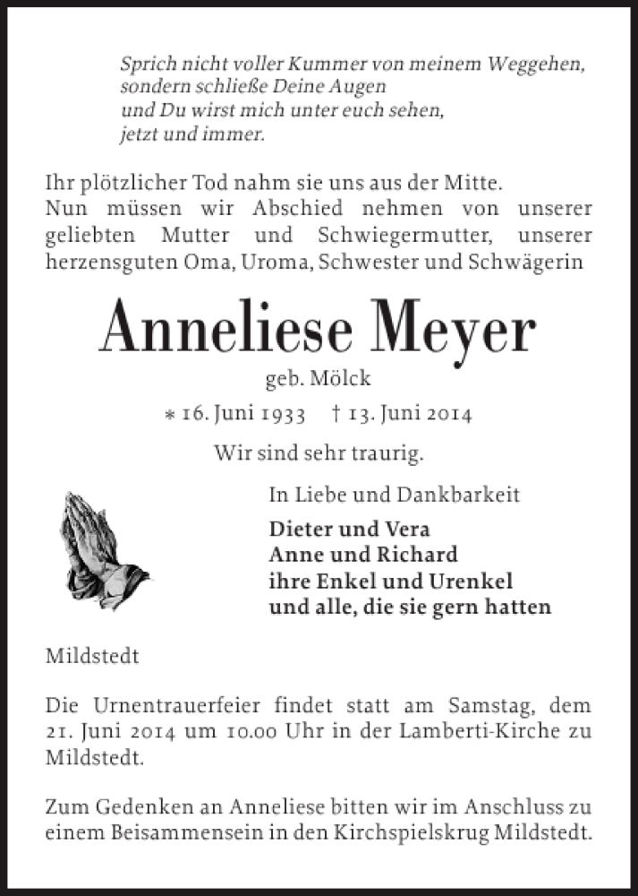  Traueranzeige für Anneliese Meyer vom 17.06.2014 aus Husumer Nachrichten