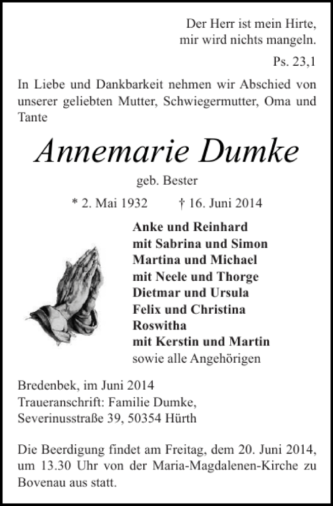  Traueranzeige für Annemarie Dumke vom 19.06.2014 aus Landeszeitung