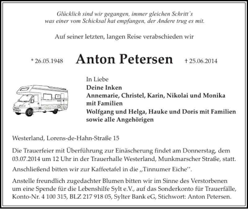  Traueranzeige für Anton Petersen vom 30.06.2014 aus Sylter Rundschau