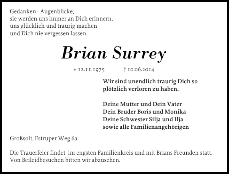  Traueranzeige für Brian Surrey vom 13.06.2014 aus Flensburger Tageblatt