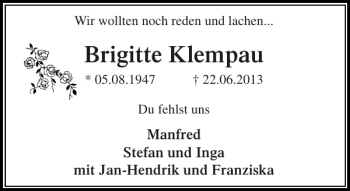 Traueranzeige von Brigitte Klempau von Stormarner Tageblatt