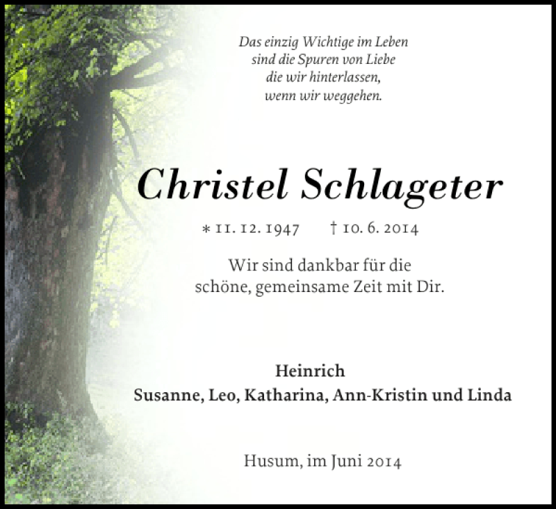  Traueranzeige für Christel Schlageter vom 12.06.2014 aus Husumer Nachrichten