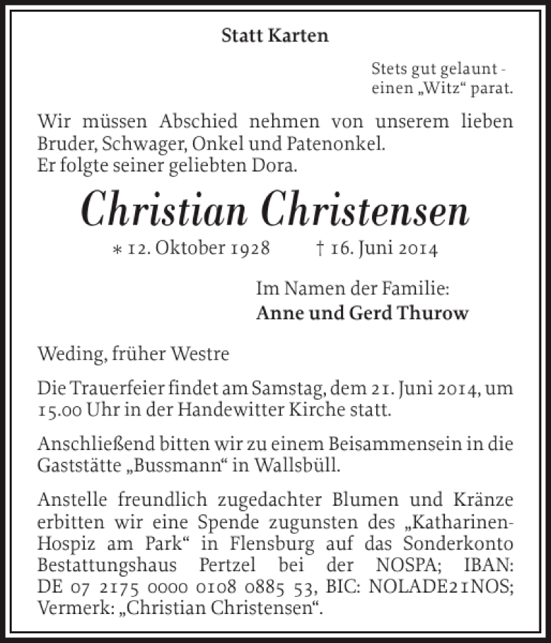  Traueranzeige für Christian Christensen vom 18.06.2014 aus Flensburger Tageblatt