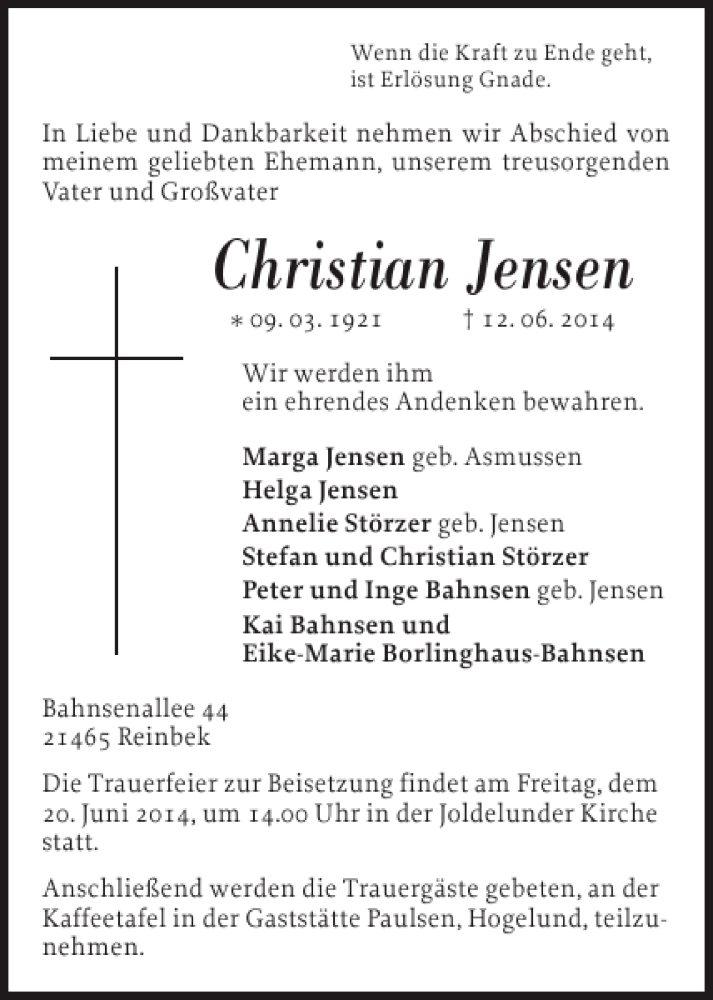  Traueranzeige für Christian Jensen vom 17.06.2014 aus Husumer Nachrichten