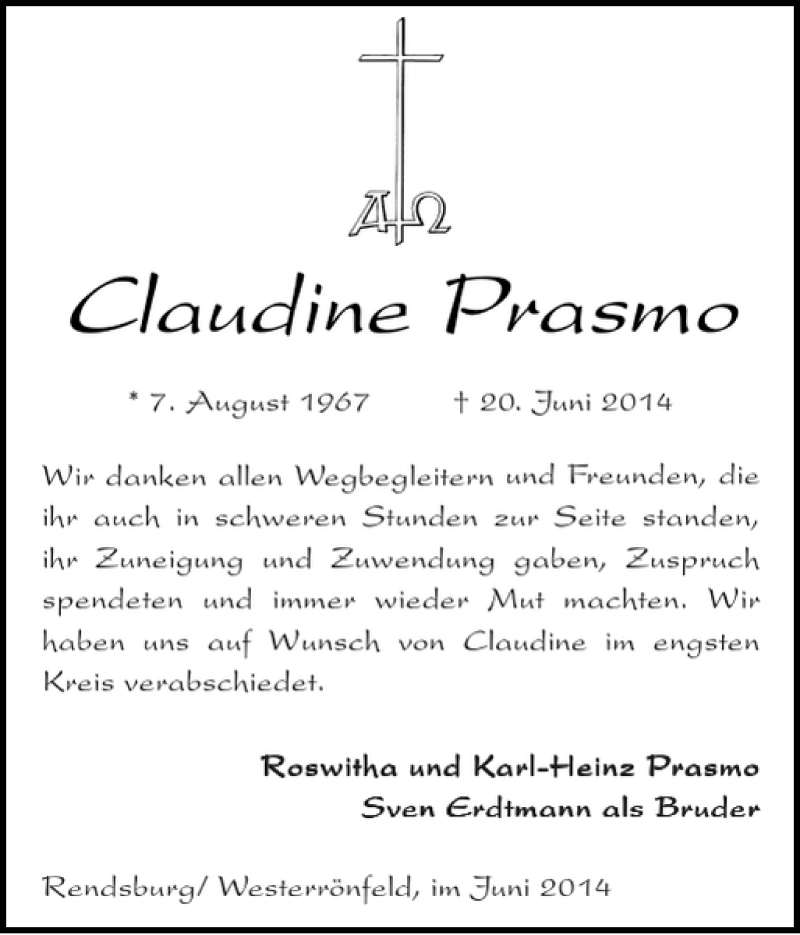  Traueranzeige für Claudine Prasmo vom 28.06.2014 aus Landeszeitung