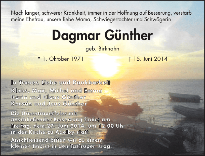  Traueranzeige für Dagmar Günther vom 21.06.2014 aus Schleswiger Nachrichten