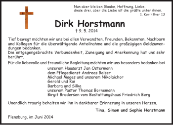 Traueranzeige von Dirk Horstmann von Flensburger Tageblatt