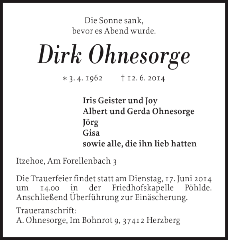  Traueranzeige für Dirk Ohnesorge vom 14.06.2014 aus Norddeutsche Rundschau