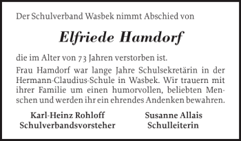 Traueranzeige von Elfriede Hamdorf von Holsteinischer Courier