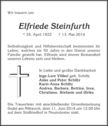 Traueranzeige von Elfriede Steinfurth von Holsteinischer Courier