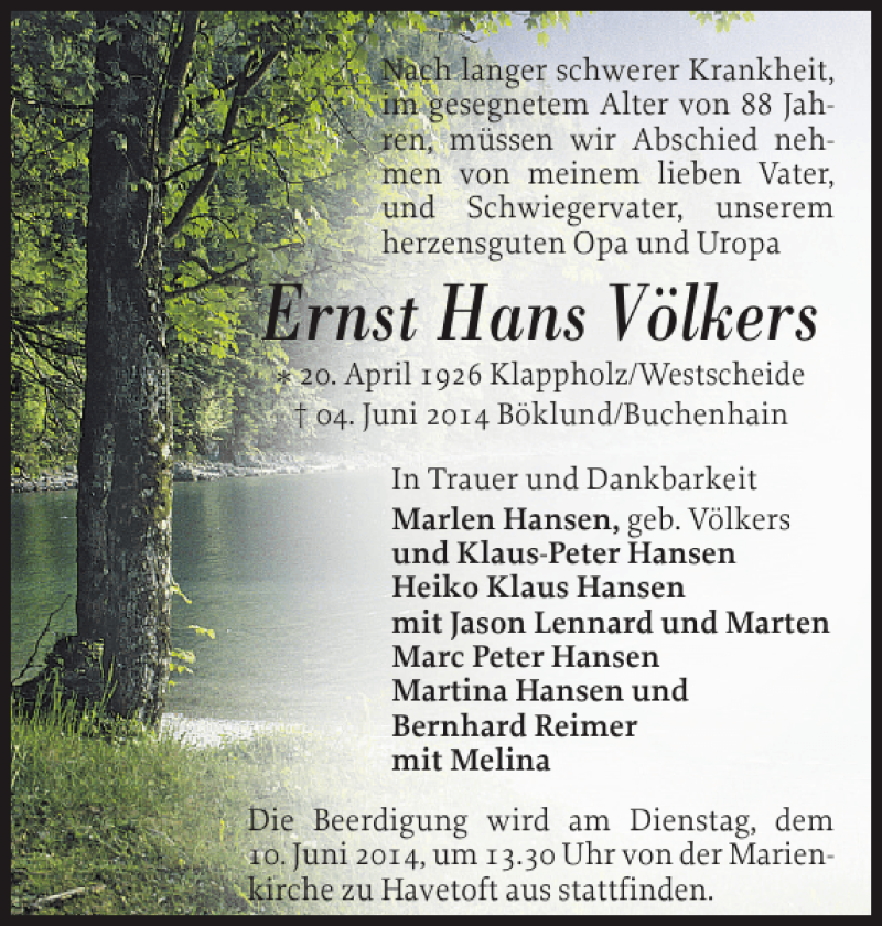  Traueranzeige für Ernst Hans Völkers vom 07.06.2014 aus Flensburger Tageblatt