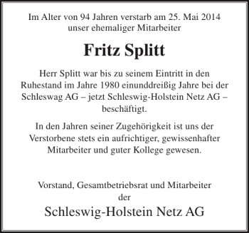 Traueranzeige von Fritz Splitt von Landeszeitung