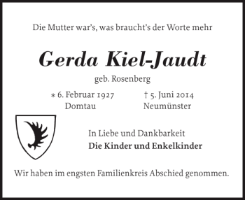 Traueranzeige von Gerda Kiel-Jaudt von Holsteinischer Courier