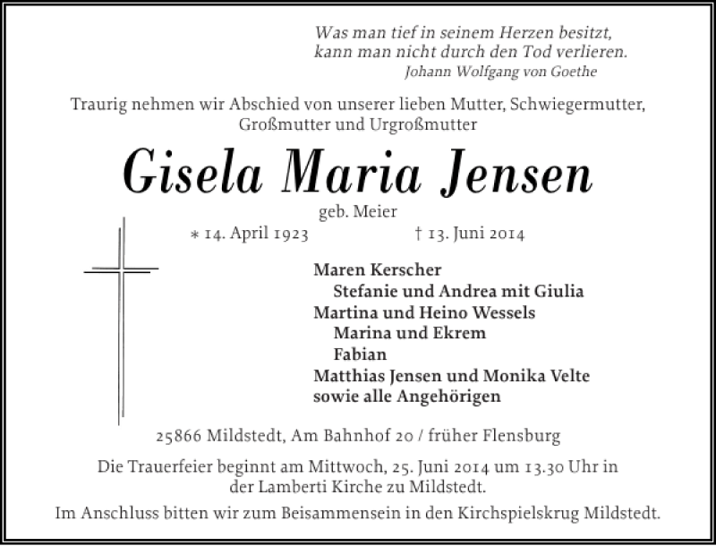  Traueranzeige für Gisela Maria Jensen vom 21.06.2014 aus Flensburger Tageblatt