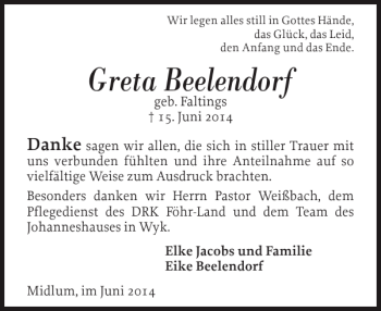 Traueranzeige von Greta Beelendorf von Der Insel-Bote