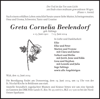 Traueranzeige von Greta Cornelia Beelendorf von Der Insel-Bote