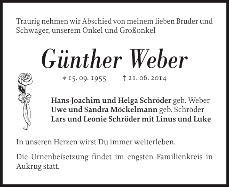  Traueranzeige für Günther Weber vom 28.06.2014 aus Flensburger Tageblatt