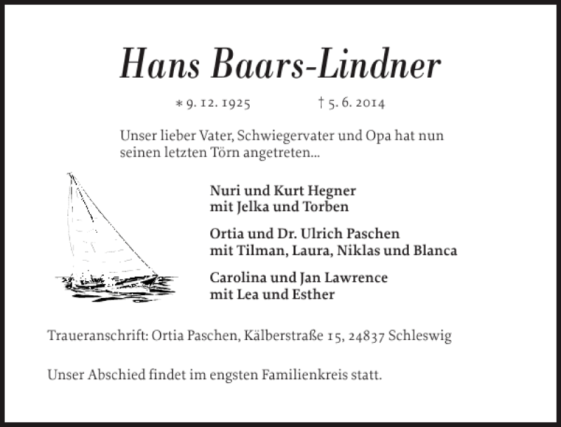  Traueranzeige für Hans Baars-Lindner vom 14.06.2014 aus Schleswiger Nachrichten