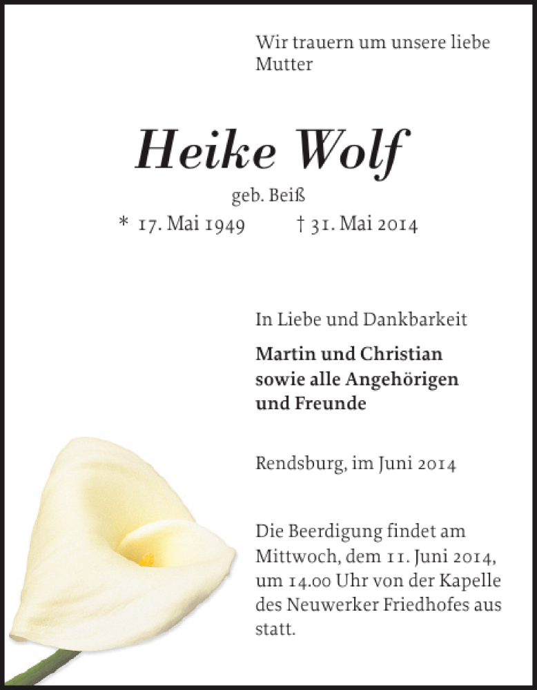  Traueranzeige für Heike Wolf vom 04.06.2014 aus Landeszeitung