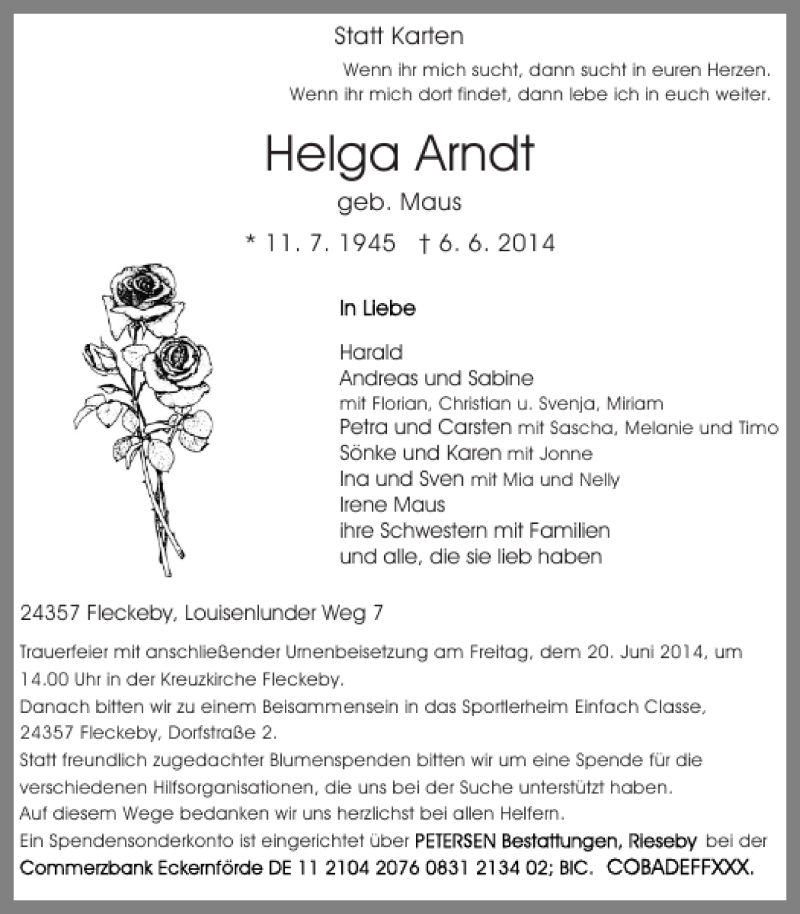  Traueranzeige für Helga Arndt vom 18.06.2014 aus Flensburger Tageblatt